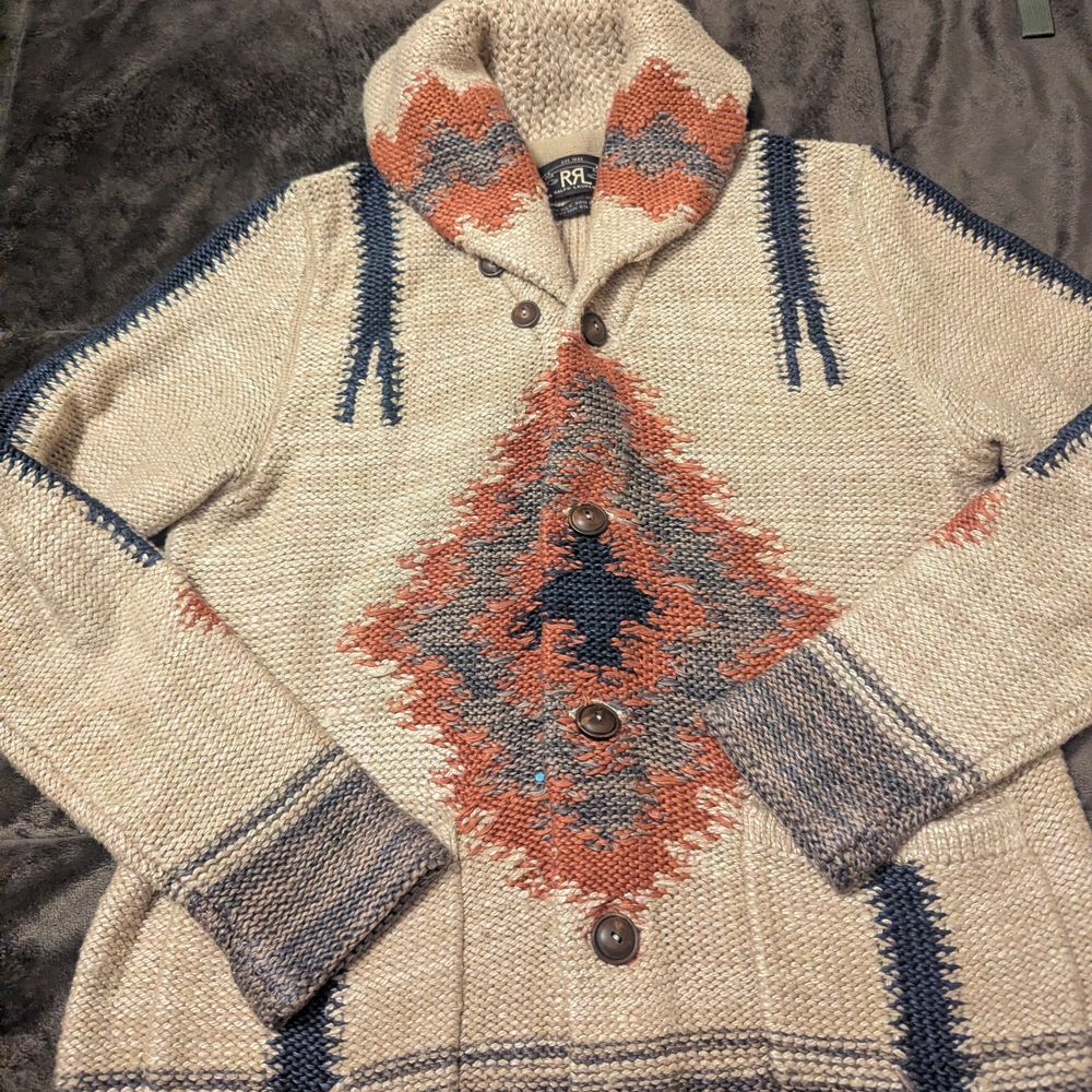 Ralph Lauren Men's Beige and Rust Patterned Cardigan